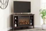 Camiburg brown wood corner TV stand with fireplace and storage, front angle
