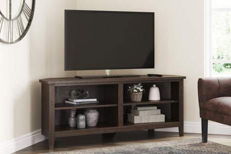 Camiburg Brown Modern Transitional Wood Corner TV Stand with Storage front angle