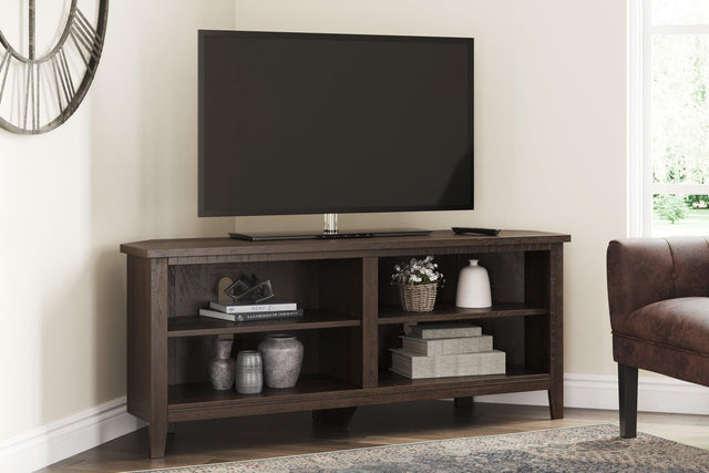 Camiburg Brown Modern Transitional Wood Corner TV Stand with Storage front angle