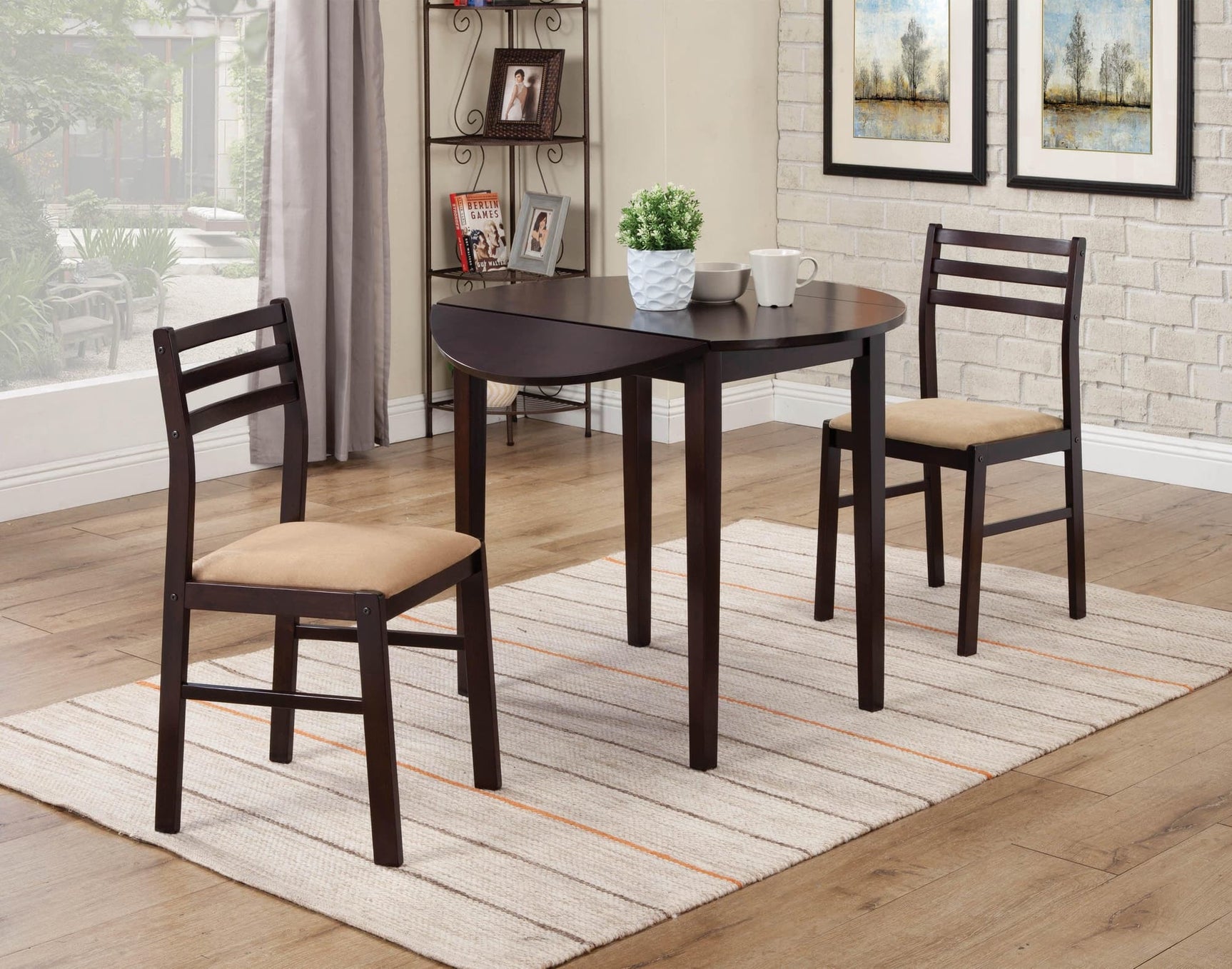 G130005 main view of circular dining table and two tan microfiber chairs