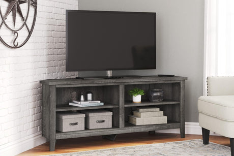 Arlenbry Gray modern corner TV stand angled view