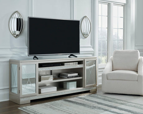 Flamory silver faux crystal TV stand front view showing mirror glass cabinet doors