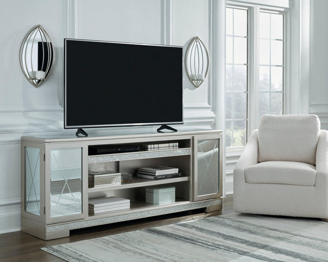 Flamory silver faux crystal TV stand front view showing mirror glass cabinet doors