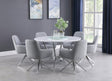 Main view of Abby circular white and chrome dining room set with lazy susan and swivel chairs