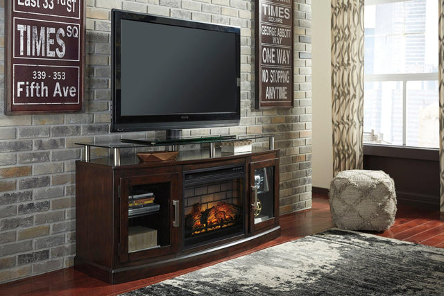 Chanceen dark brown rustic TV stand with glass cabinet doors and electric fireplace front view