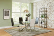 Front view of Carmelo Chrome and Clear Rectangular Dining Table with chairs