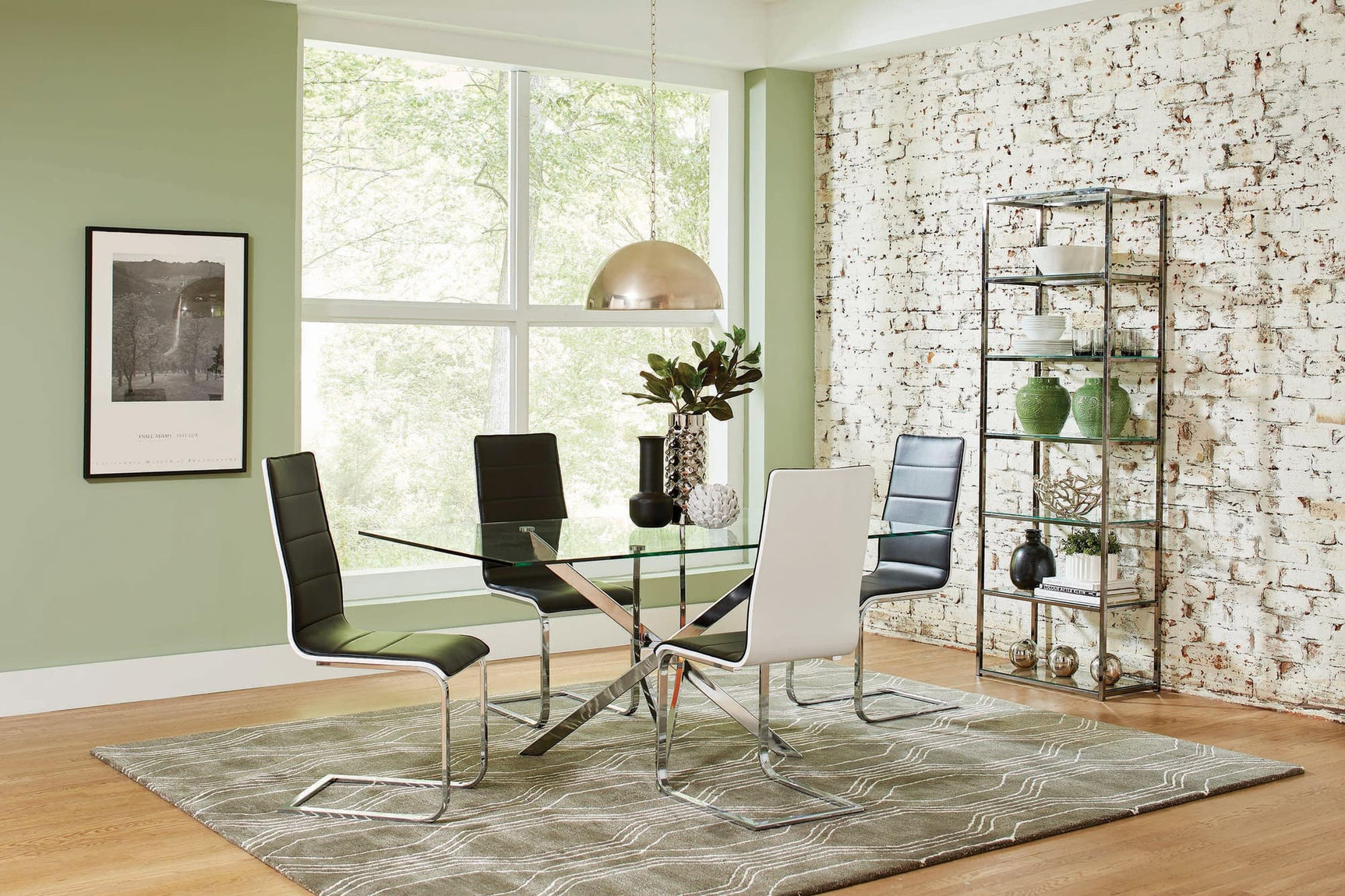 Front view of Carmelo Chrome and Clear Rectangular Dining Table with chairs