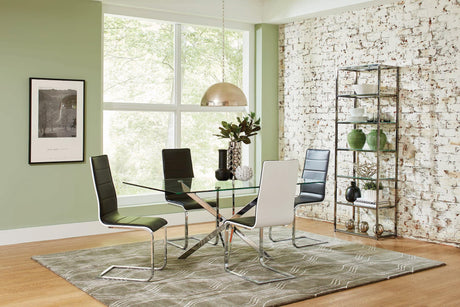 Front view of Carmelo Chrome and Clear Rectangular Dining Table with chairs