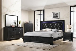 main view of Micah Black LED Fabric Upholstered Tufted Panel Bedroom Set bed