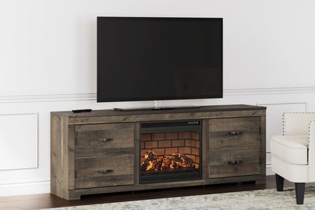 Trinell large brown rustic solid wood TV stand with fireplace and cabinet front view