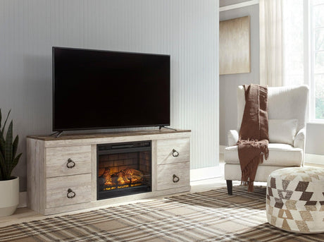 Willowton Whitewash solid wood TV stand with fireplace and cabinet storage, front view