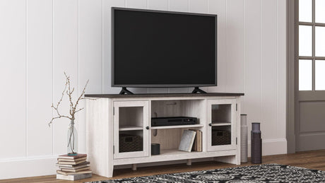 Dorrinson Antique White TV Stand with glass doors, angled front view