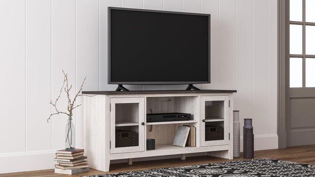 Dorrinson Antique White TV Stand with glass doors, angled front view