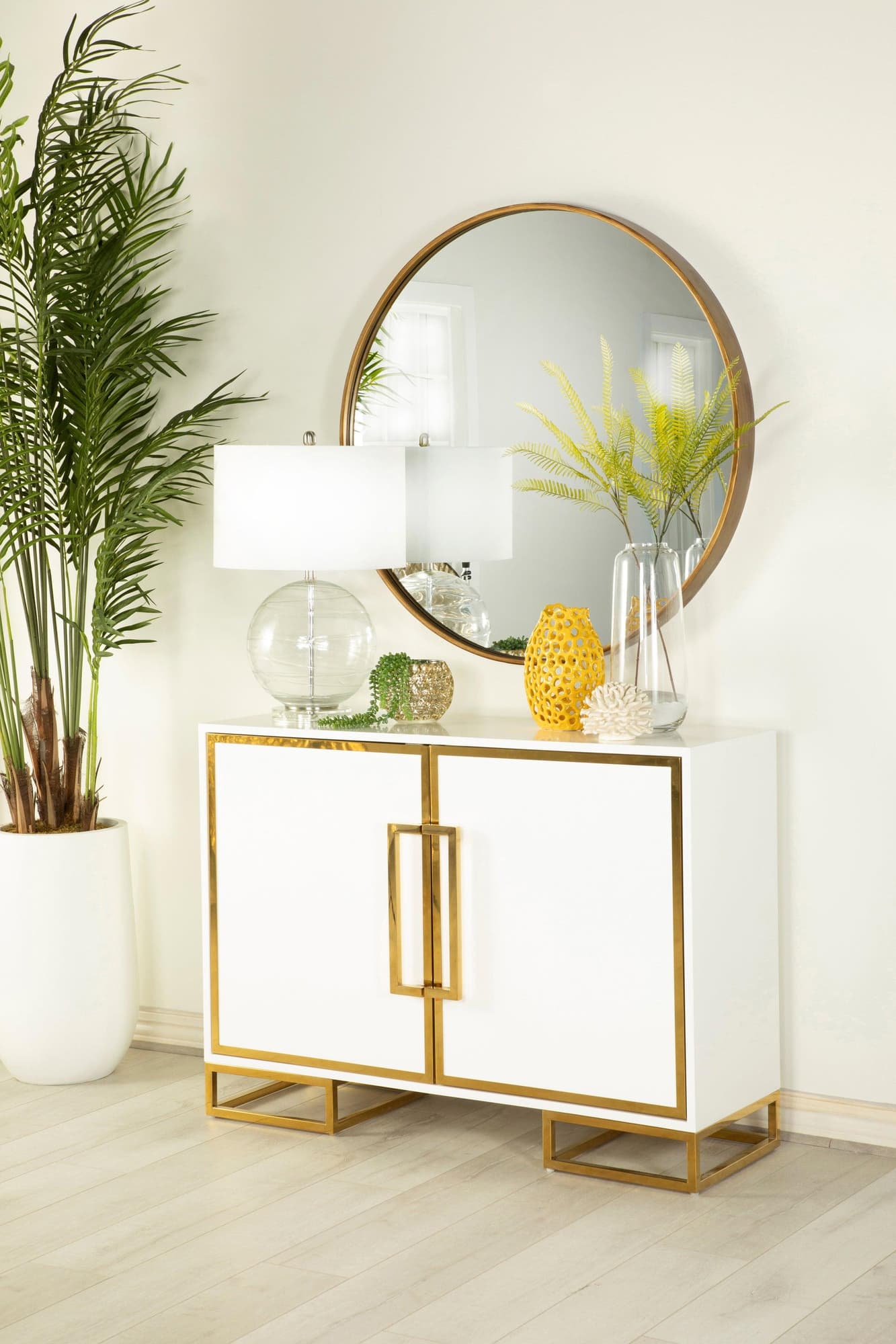 Elsa 2-Door White and Gold Accent Cabinet, angled front view
