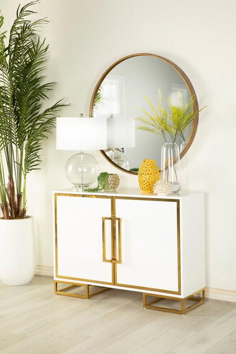 Elsa 2-Door White and Gold Accent Cabinet, angled front view