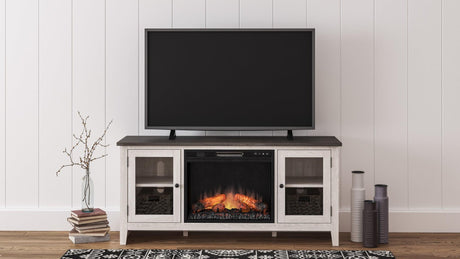 Dorrinson Antique White TV Stand front view with storage and fireplace