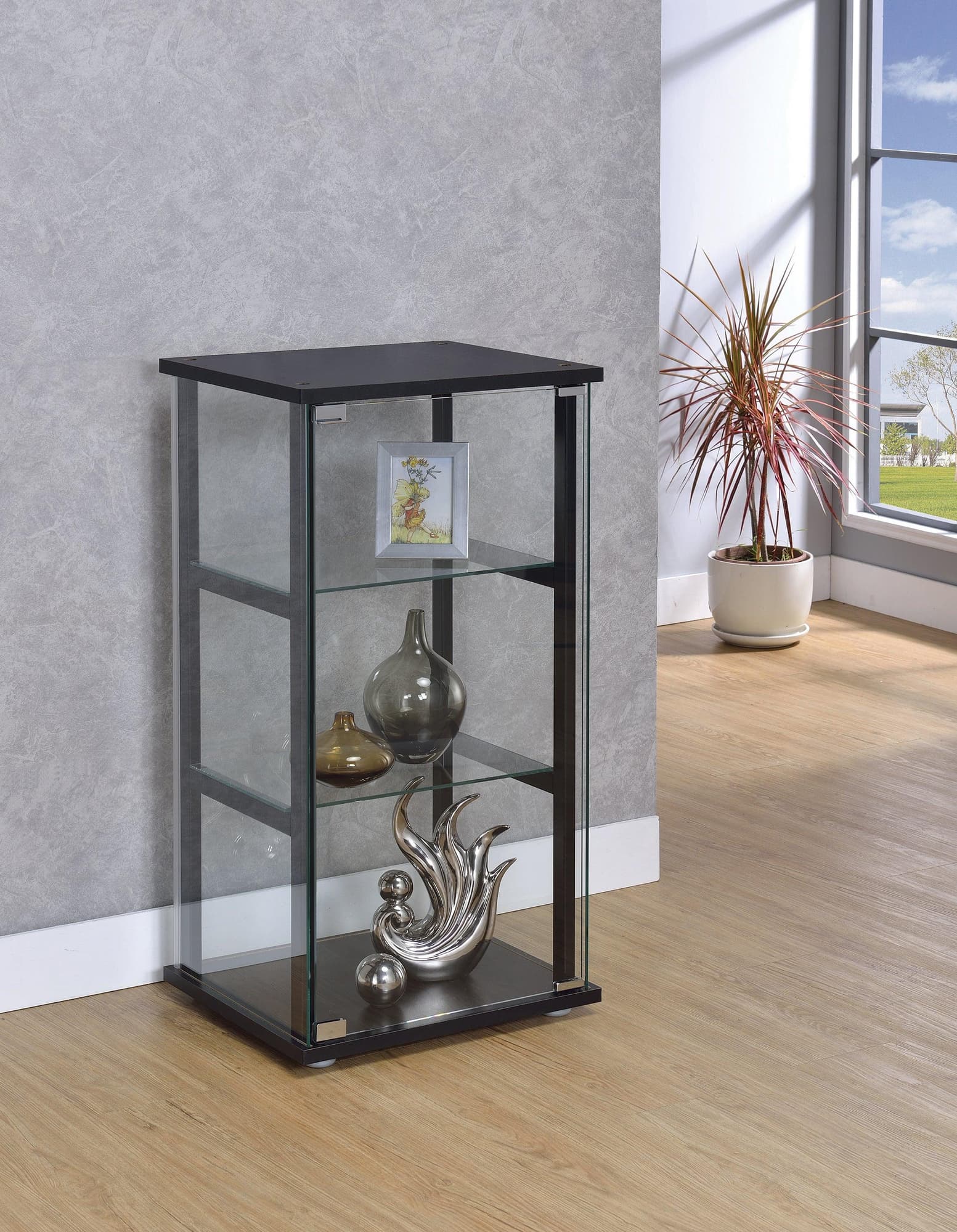 Cyclamen 3-Shelf Glass Curio Cabinet Black and Clear front view