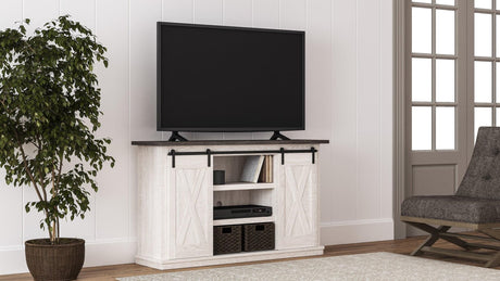 Dorrinson two-tone antique white and black TV stand with storage, front angle