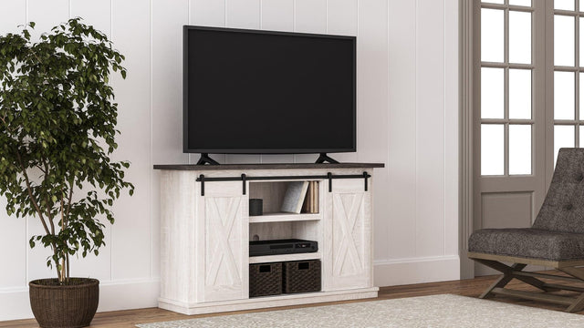 Dorrinson two-tone antique white and black TV stand with storage, front angle