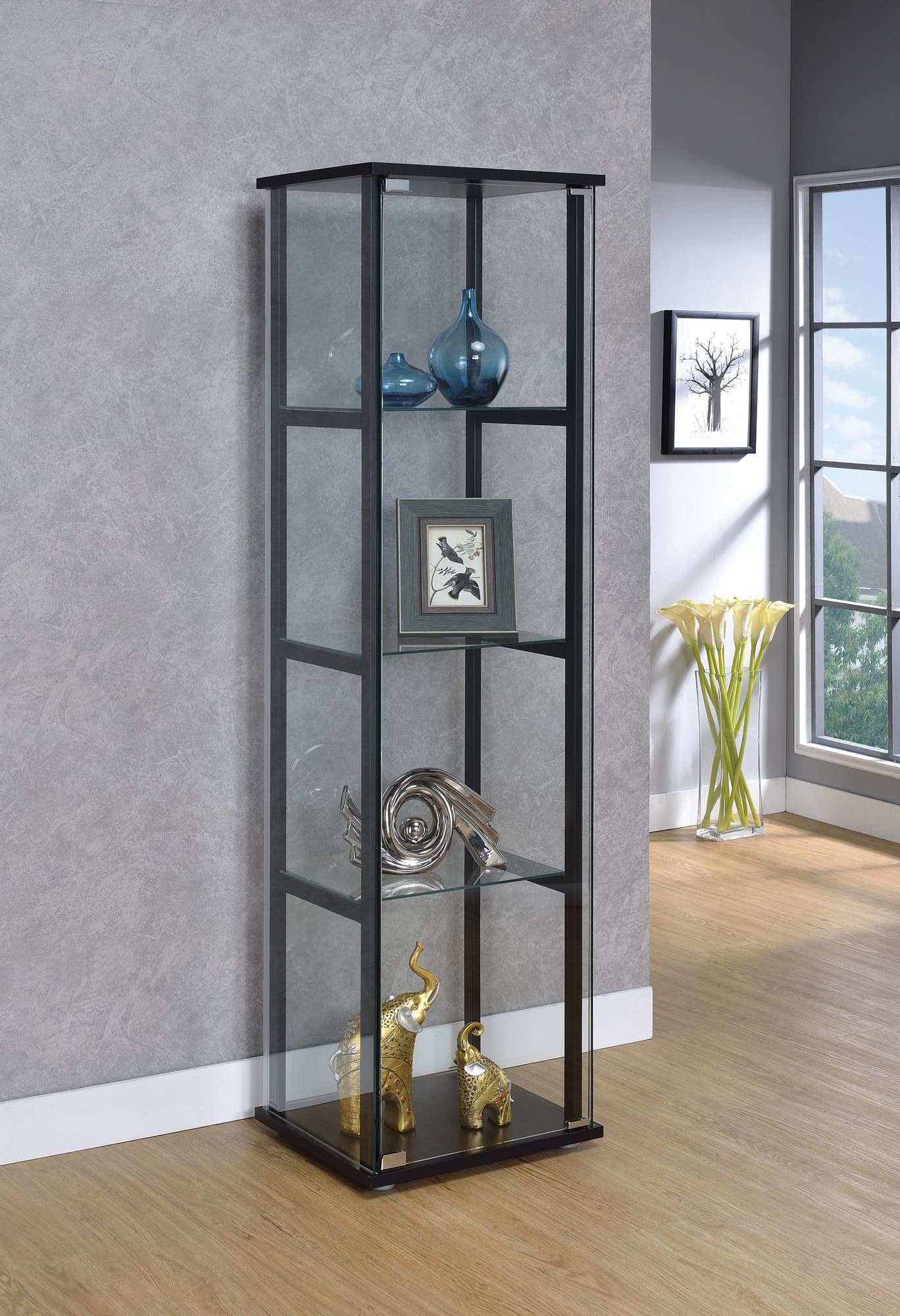 Cyclamen 4-shelf black frame glass curio cabinet front view