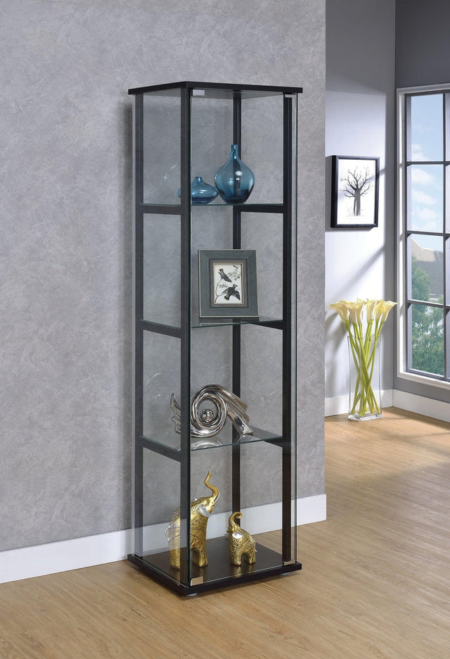 Cyclamen 4-shelf black frame glass curio cabinet front view
