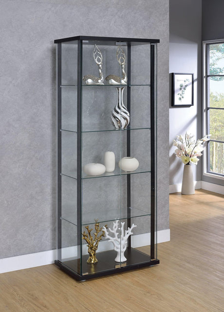 Delphinium 5-Shelf Glass Curio Cabinet front view with black frame