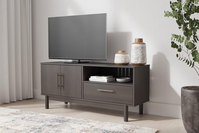 Brymont mocha gray solid wood TV stand with cabinet and storage front view