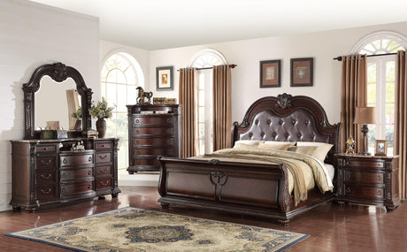 Main view of Stanley Cherry Brown fabric upholstered tufted sleigh bed