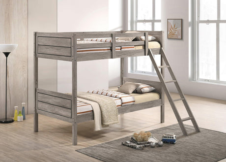 Ryder Twin Over Twin Bunk Bed Weathered Taupe front view