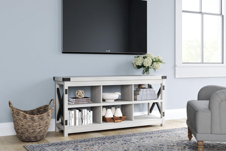 Bayflynn Black and White Contemporary Metal Wood TV Stand viewed from front