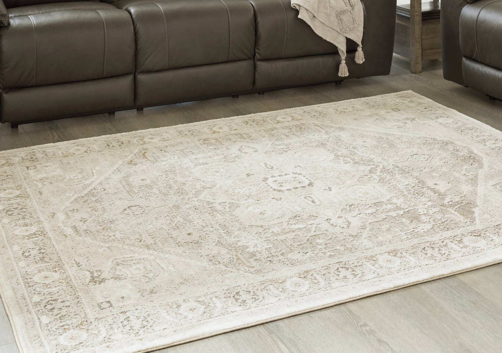 Gatwell traditional area rug in ivory, gray, and tan colors, top view