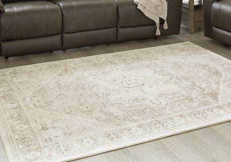 Gatwell traditional area rug in ivory, gray, and tan colors, top view