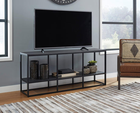 Yarlow Black solid wood and metal modern TV stand front view