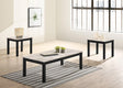 Thurner 3-piece coffee table set with rectangular white marble top and two round marble top end tables, front angle