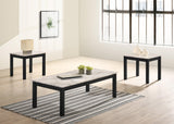 Thurner 3-piece coffee table set with rectangular white marble top and two round marble top end tables, front angle