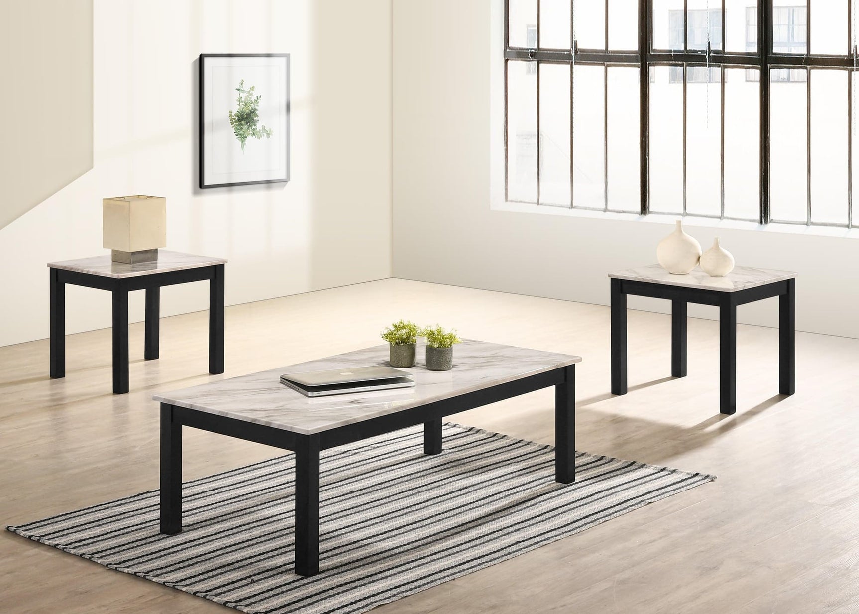 Thurner 3-piece coffee table set with rectangular white marble top and two round marble top end tables, front angle