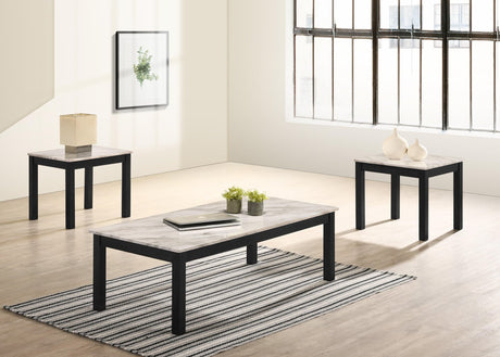 Thurner 3-piece coffee table set with rectangular white marble top and two round marble top end tables, front angle