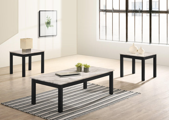 Thurner 3-piece coffee table set with rectangular white marble top and two round marble top end tables, front angle