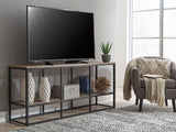 Wadeworth black and brown industrial TV stand angled front view
