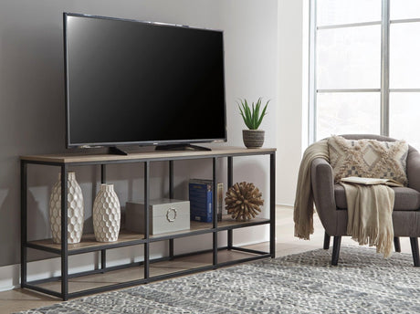 Wadeworth black and brown industrial TV stand angled front view