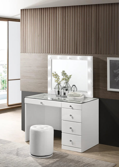 Morgan White Vanity Set front view with drawers and stool