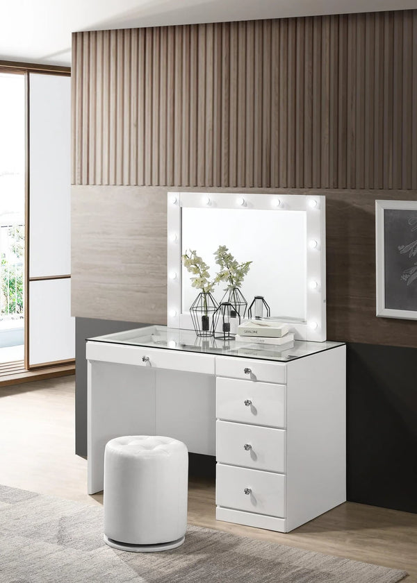 Morgan White Vanity Set front view with drawers and stool