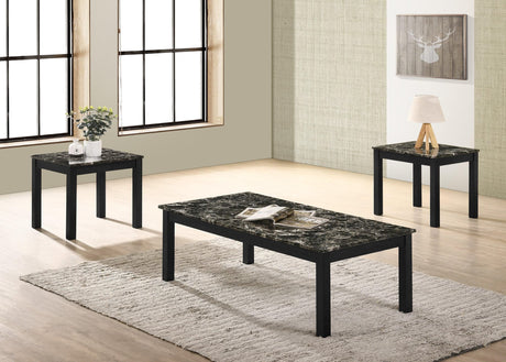 Thurner Marble Black 3-Piece Coffee Table Set, top view of black faux marble rectangular coffee table