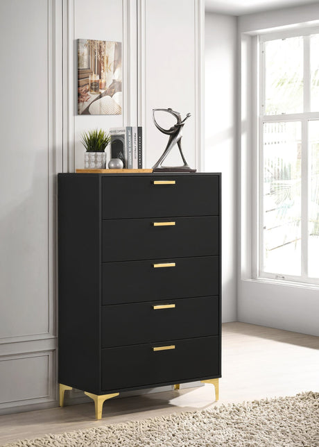 Kendall 5-Drawer Chest Black with Gold front angle