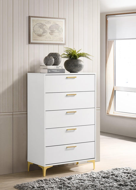 Kendall 5-Drawer Chest White front view with gold handles