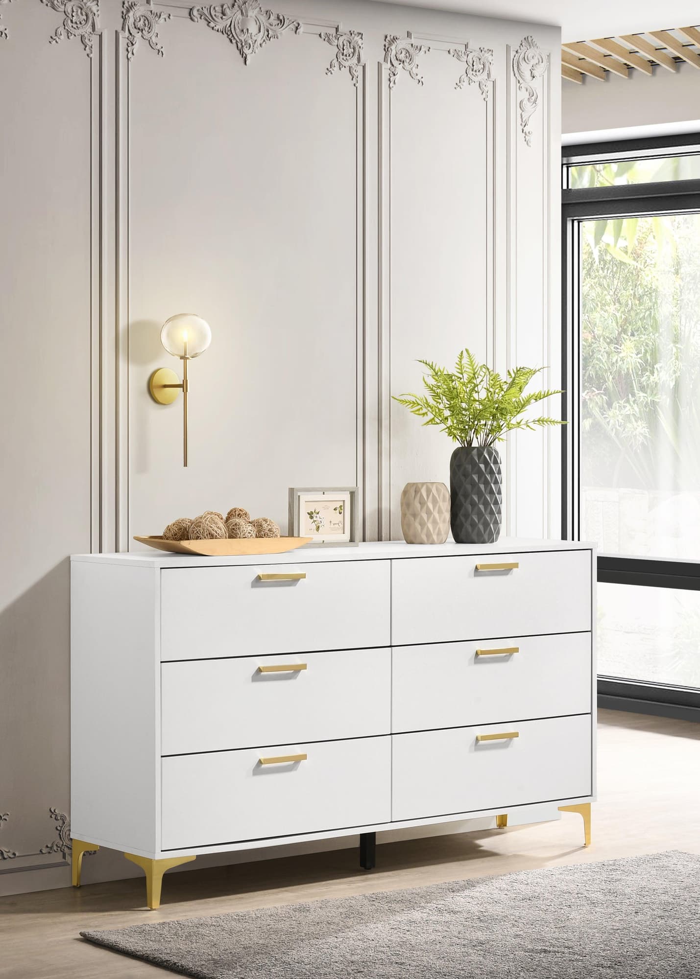 Kendall 6-Drawer White Dresser front view showing gold handles