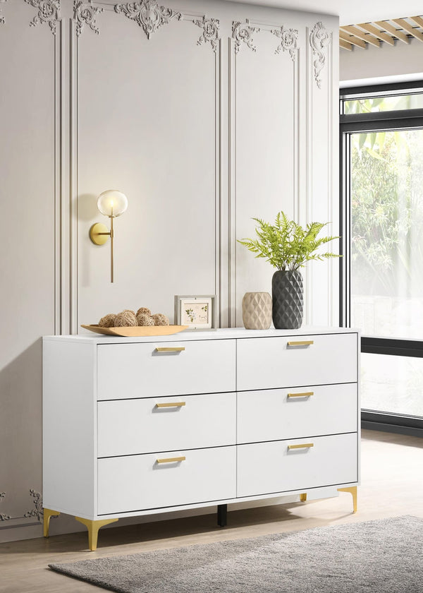 Kendall 6-Drawer White Dresser front view showing gold handles