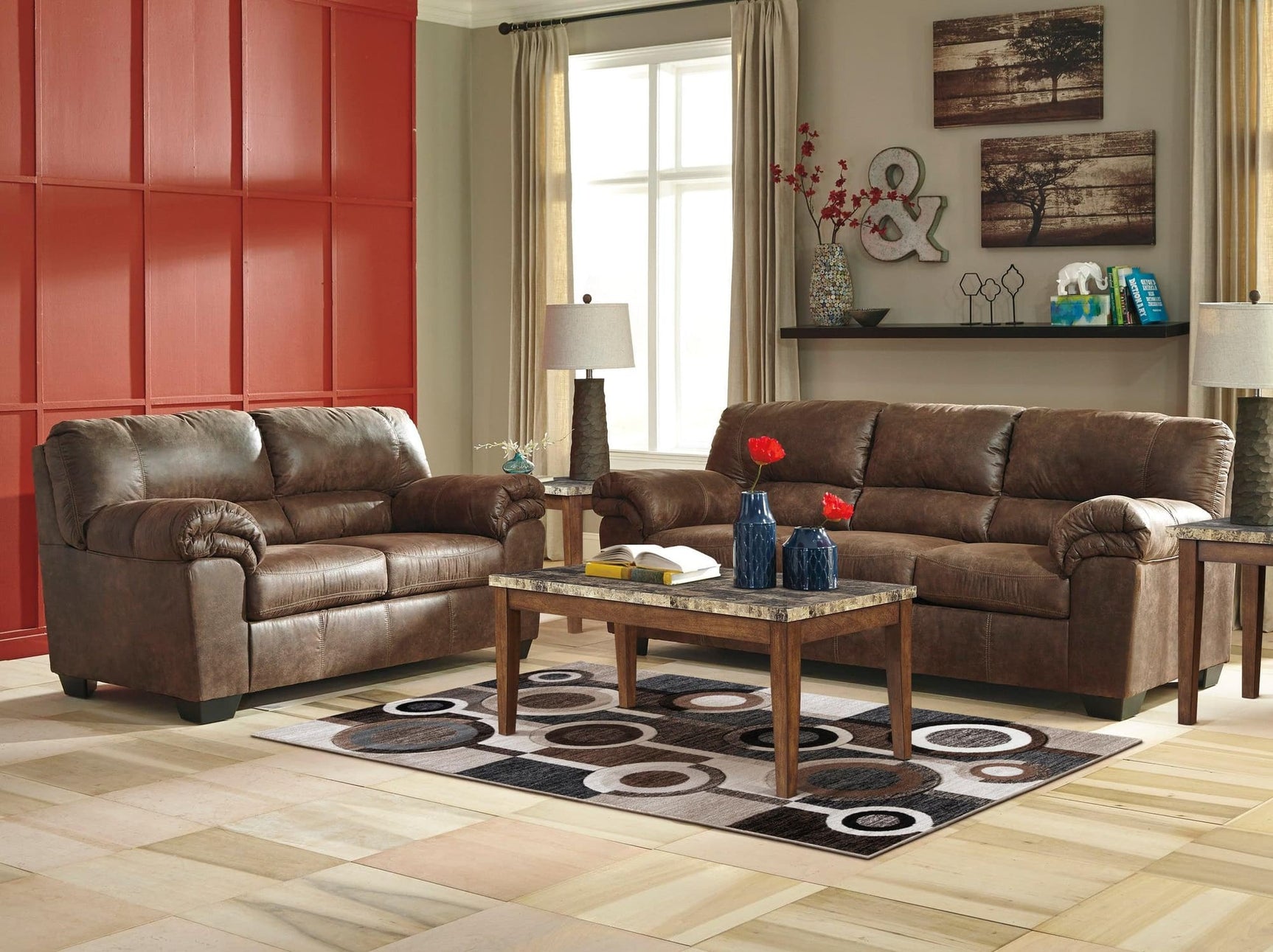 Ashley Bladen coffee faux leather upholstered sofa and loveseat set main view