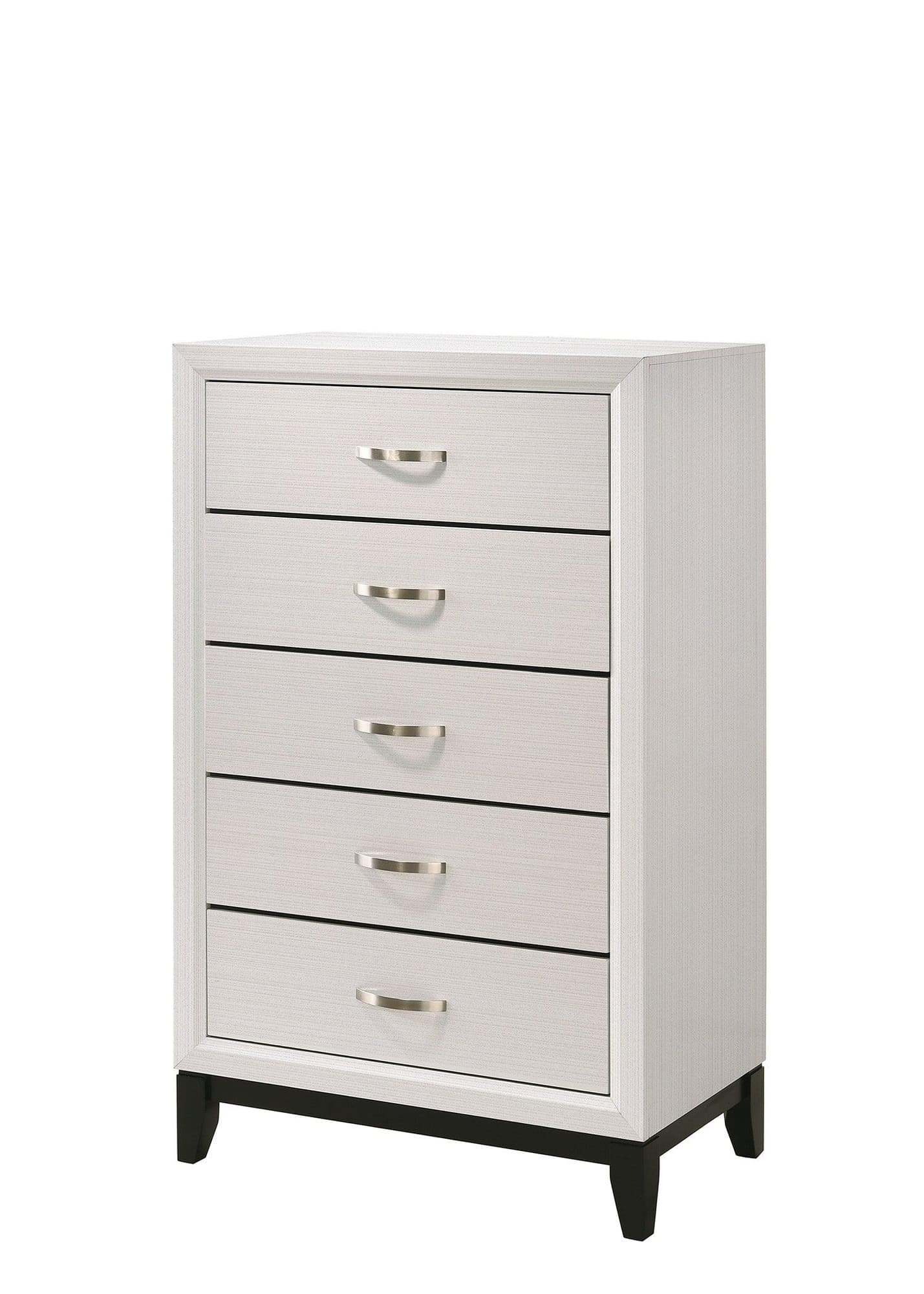 Akerson Chalk 5-Drawer Chest, front angle showing wood and metal frame