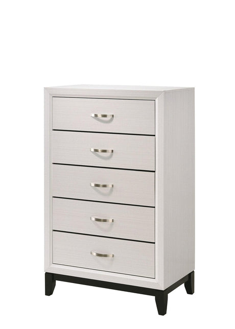 Akerson Chalk 5-Drawer Chest, front angle showing wood and metal frame